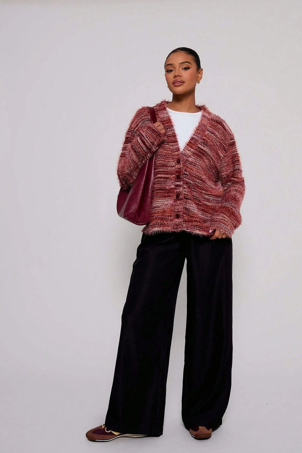 Retro Deep V-Neck Maillard Plush Long-Sleeve Knit Cardigan