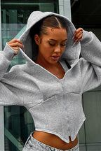 Solid Cinched Uneven Short Hoodie