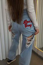 Retro Embroidered Ripped Wide Leg Jeans
