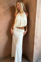 Solid Halter Open Back Bodycon Slit Skirt Sets