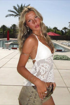 Boho Cutout V Neck Lace Halter Top