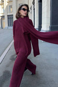 Relaxed Fit V Neck Ribbed Sweater With Pants Two Piece Set