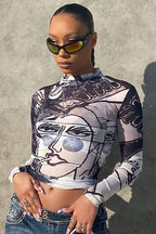 Sheer Mesh Print Round Neck Long Sleeve Blouse
