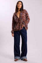 Retro Deep V-Neck Maillard Plush Long-Sleeve Knit Cardigan