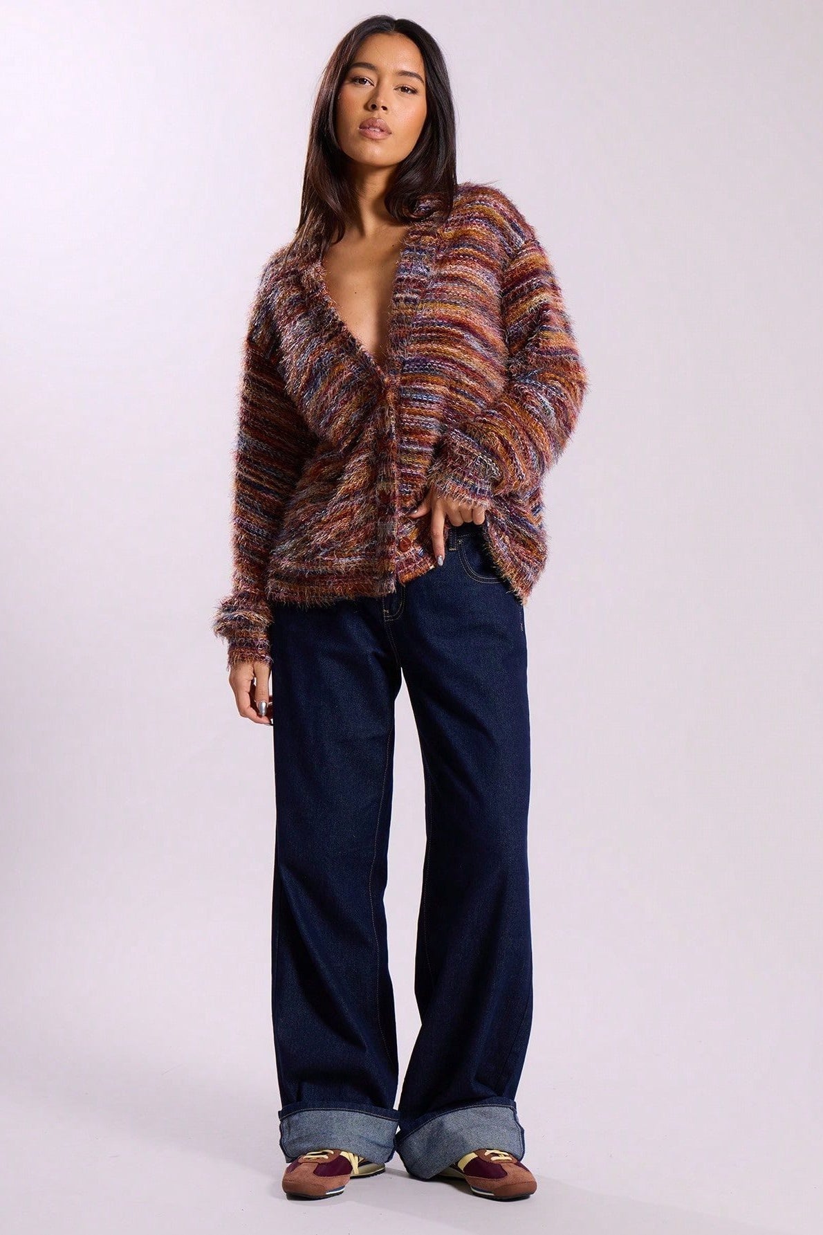 Retro Deep V-Neck Maillard Plush Long-Sleeve Knit Cardigan