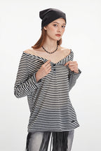 Striped Off Shoulder Long Sleeve T-Shirt
