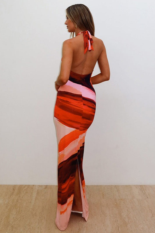 Floral Print Halter Tie Bodycon Split Maxi Dress