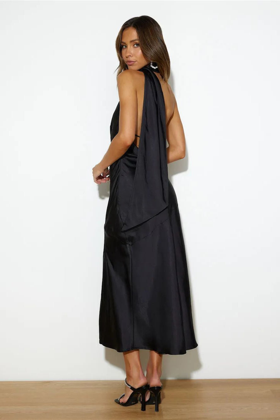 Satin Slit Hem Backless Midi Dress