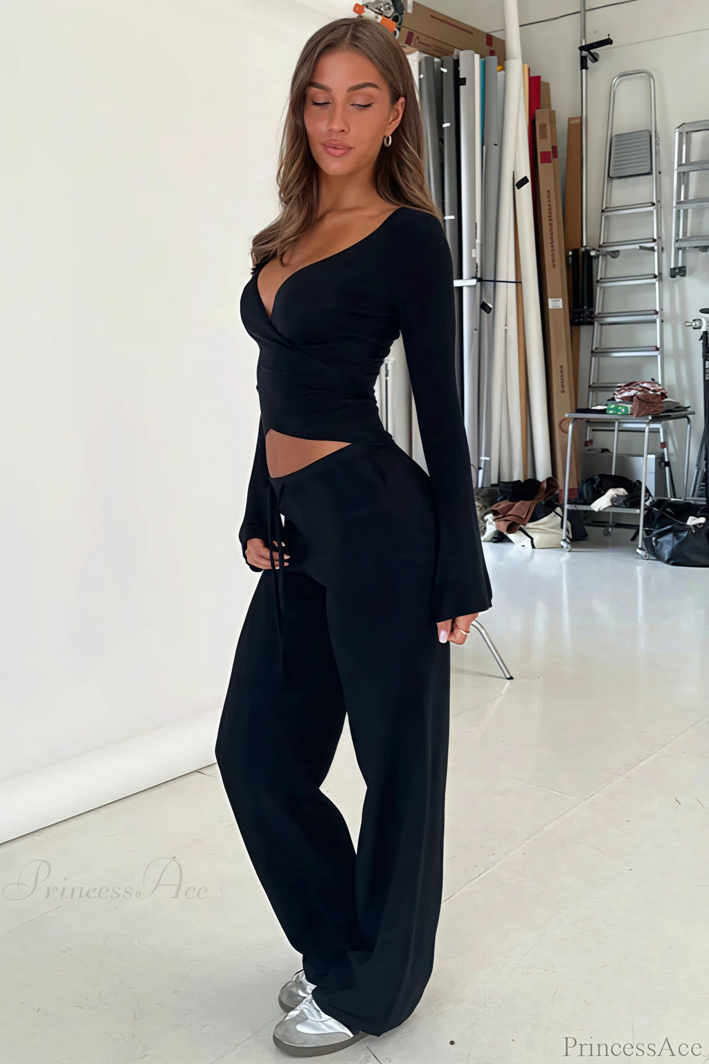Y2K V-Neck Fitted Top Casual Pants Two Piece Set