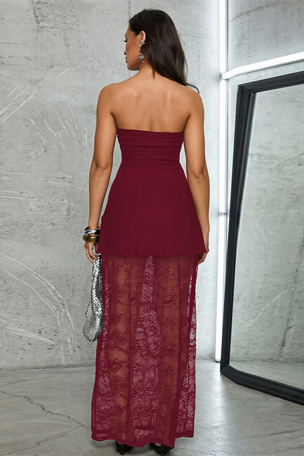 Lace Insert Strapless Two Piece Set Maxi Dress