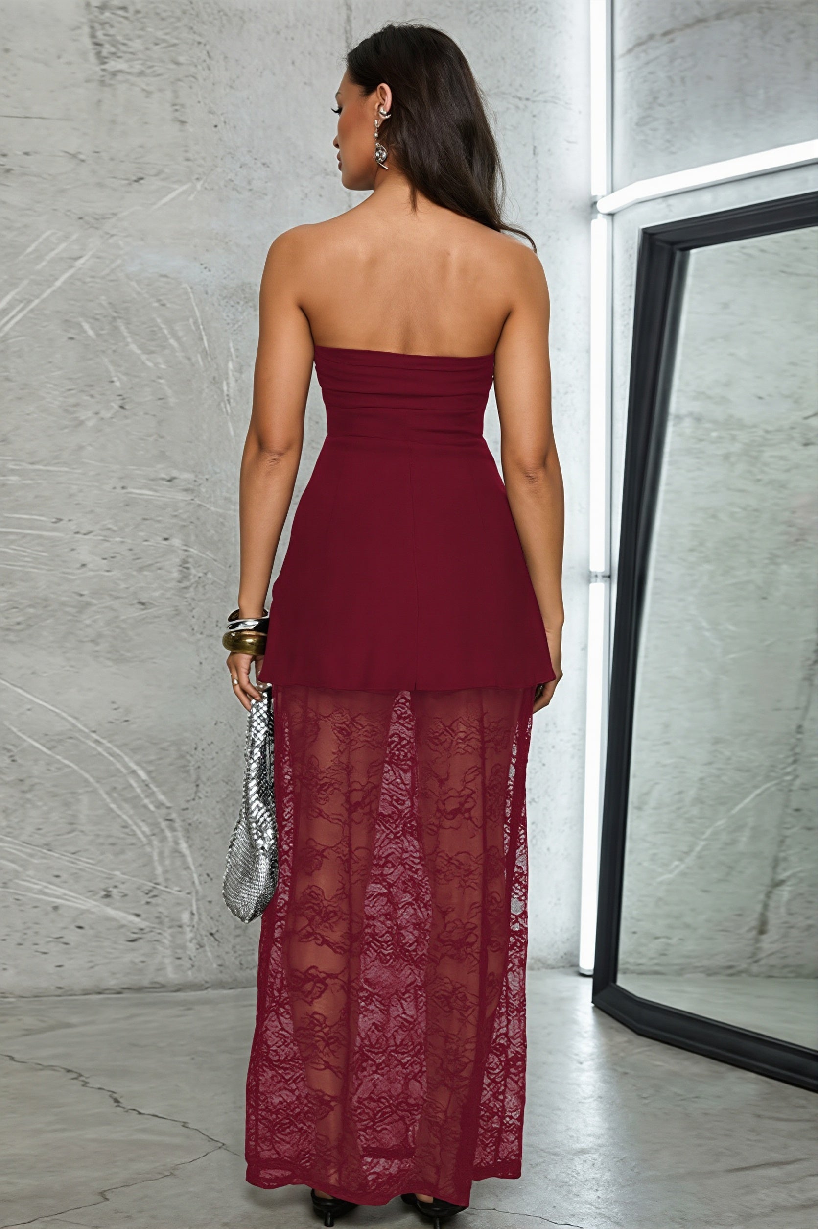 Lace Insert Strapless Two Piece Set Maxi Dress