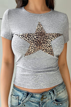 Y2K Leopard Star Printed Slim T-Shirt