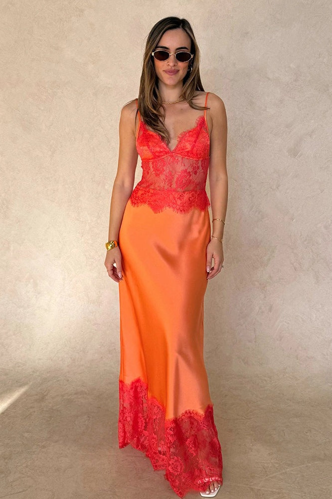 Elegant Deep V Sheer Lace Patchwork Maxi Dress