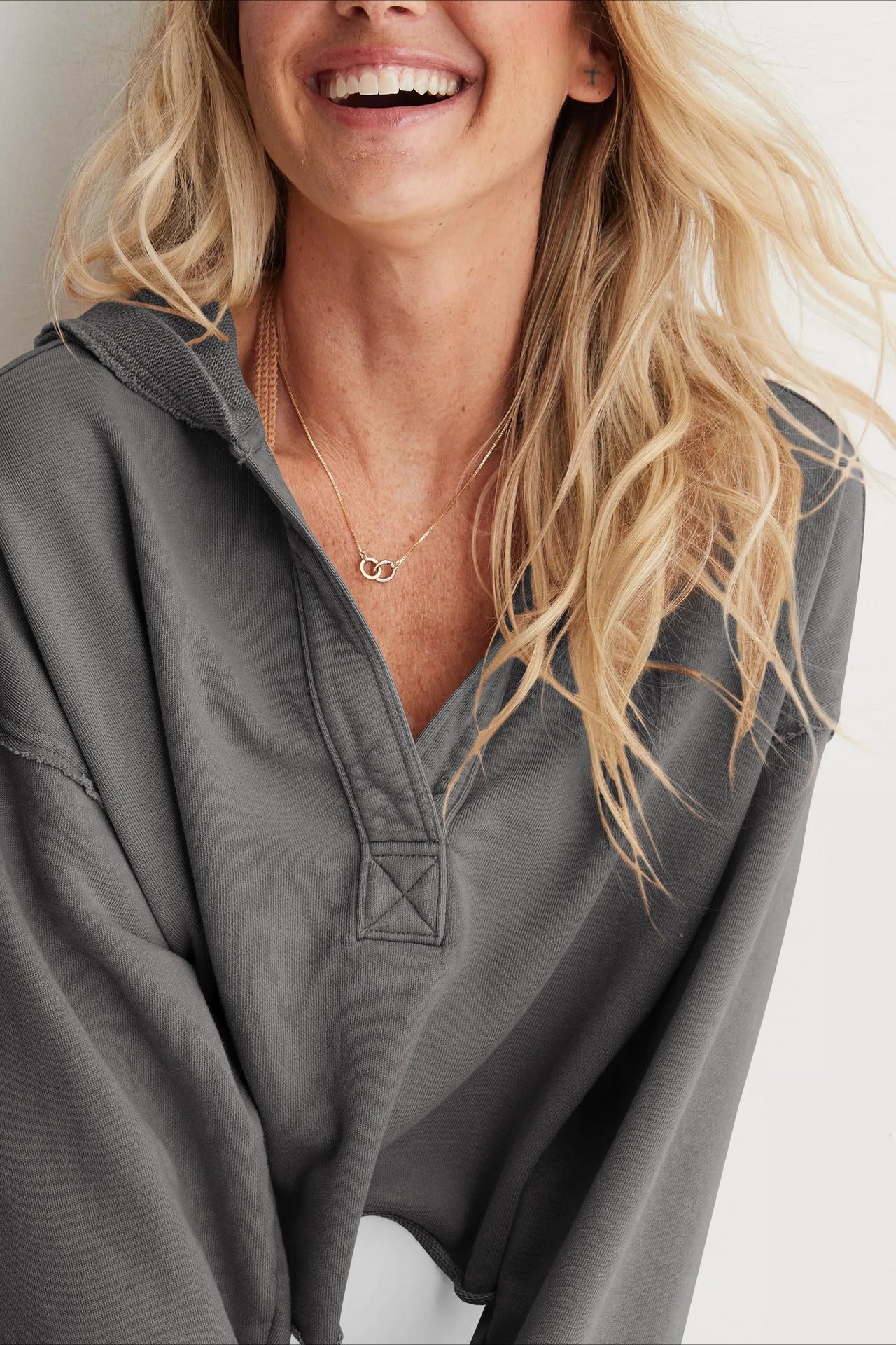 Relaxed Solid V-Neck Hoodie