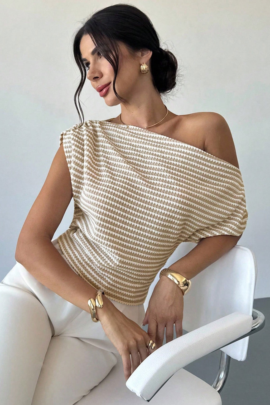 Cold Shoulder Stripe Short Sleeve Knit Blouse