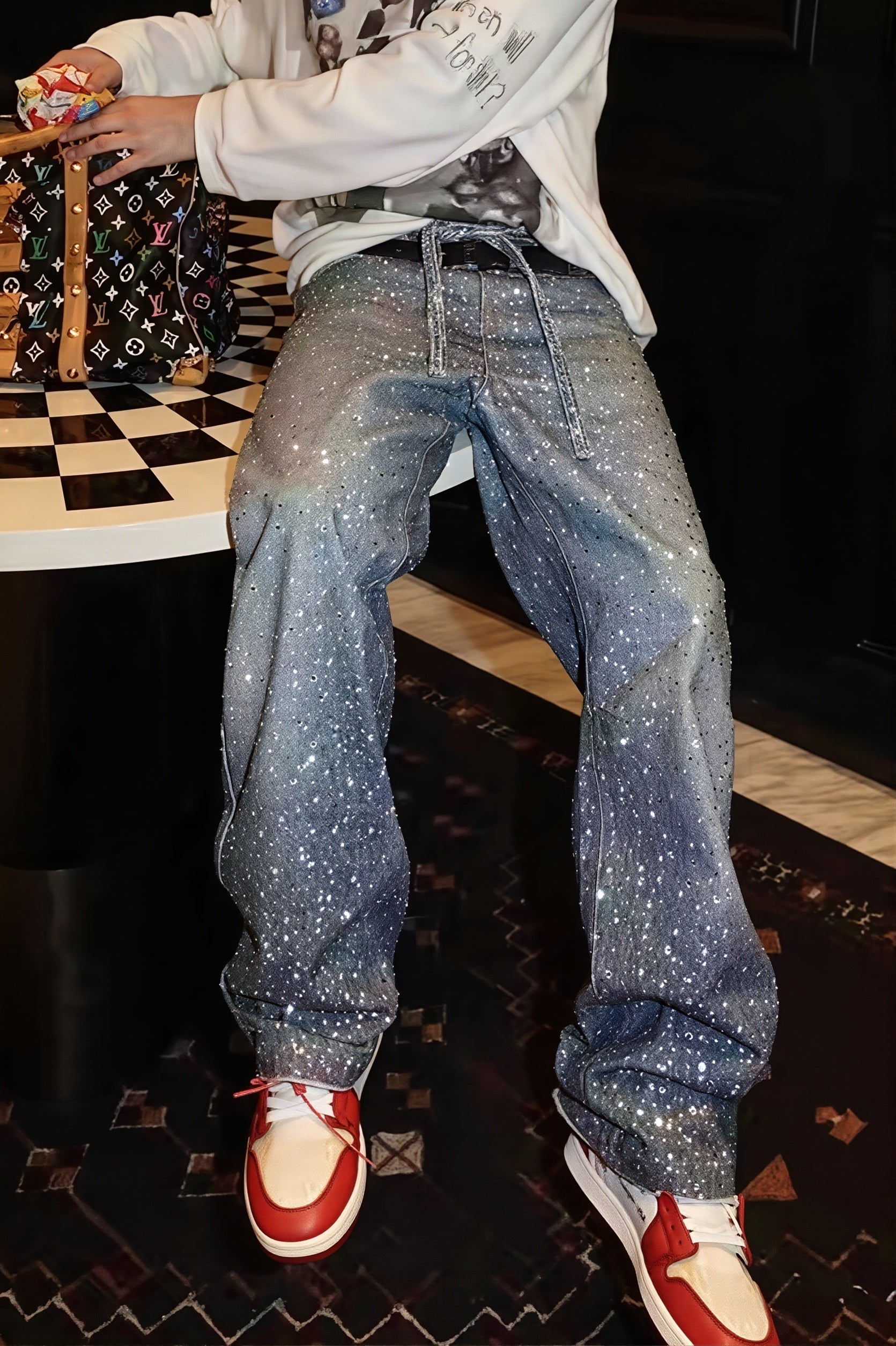 Crystal Studded Washed Straight Jeans