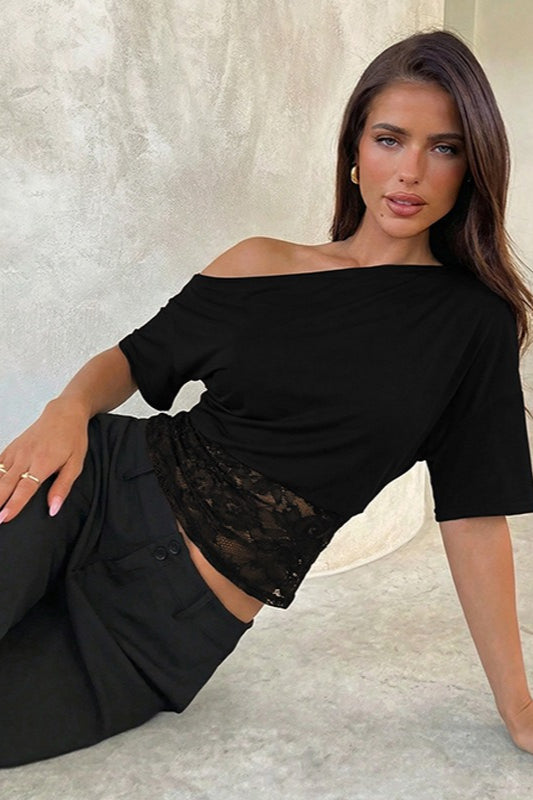 Asymmetric Off Shoulder Lace Waist Slim Crop T-Shirt