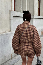 Vintage Houndstooth Zip Jacket And Shorts Two Piece Set