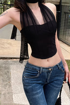 Solid Cropped Boned Halter Neck Backless Top