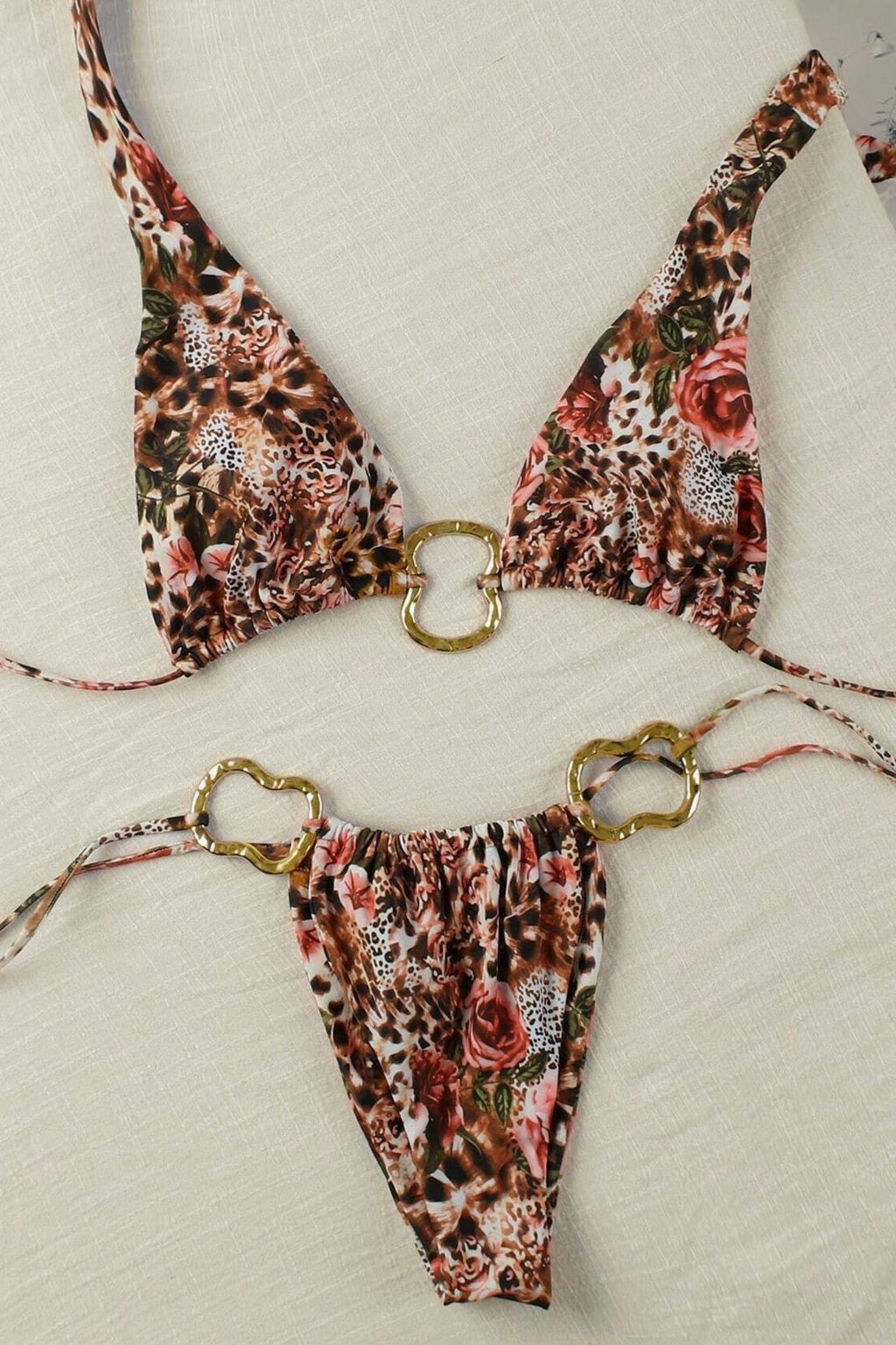 Leopard Floral Metal Bikini Set