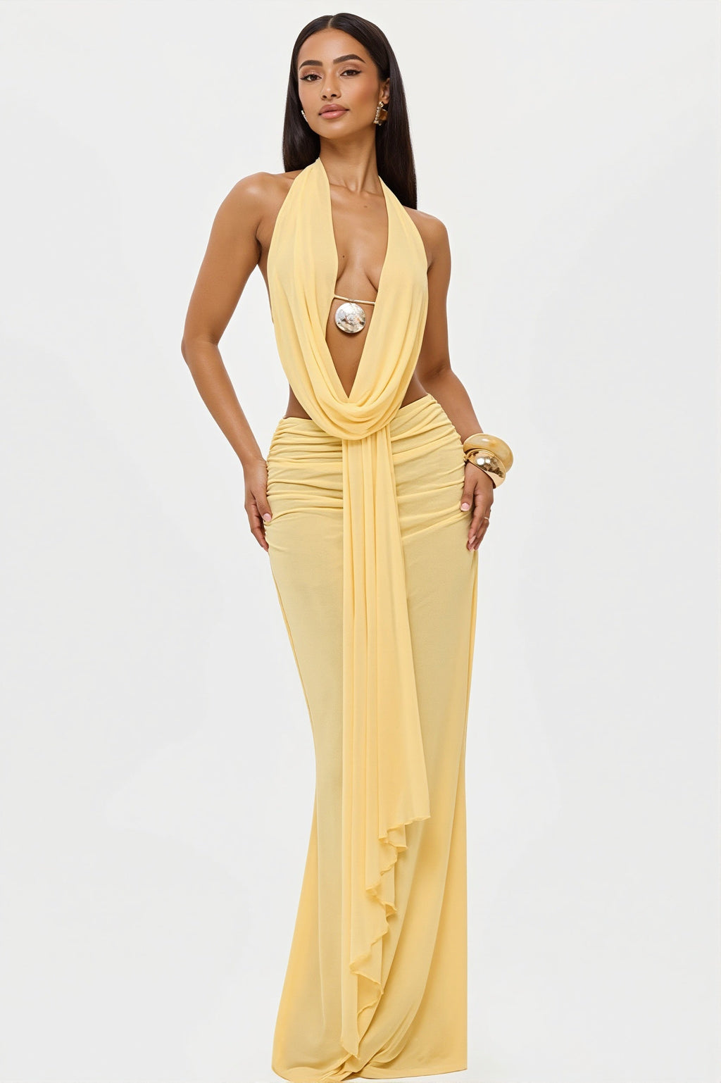 Cowl Neck Ruched Halter Backless Crop Top Skirt Sets