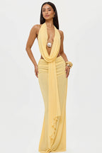 Cowl Neck Ruched Halter Backless Crop Top Skirt Sets