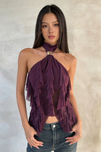 Solid Backless Halter Neck Sleeveless Top