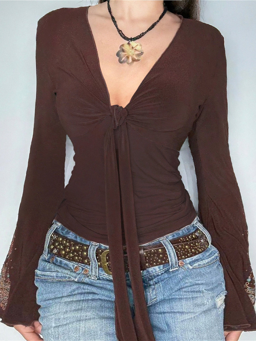 Vintage V Neck Printed Long Sleeve Tee