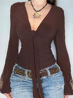 Vintage V Neck Printed Long Sleeve Tee