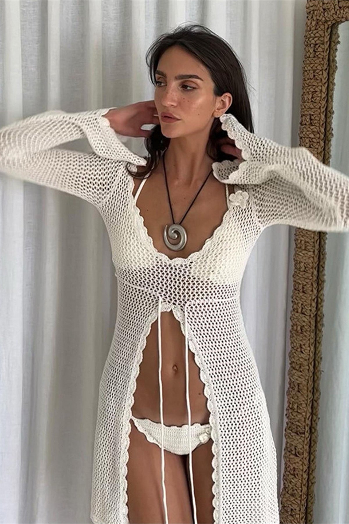 Solid V Neck Tie Knit Hollow Blouse