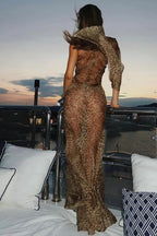 Leopard Print Spice Girl Slanted Shoulder Maxi Dress