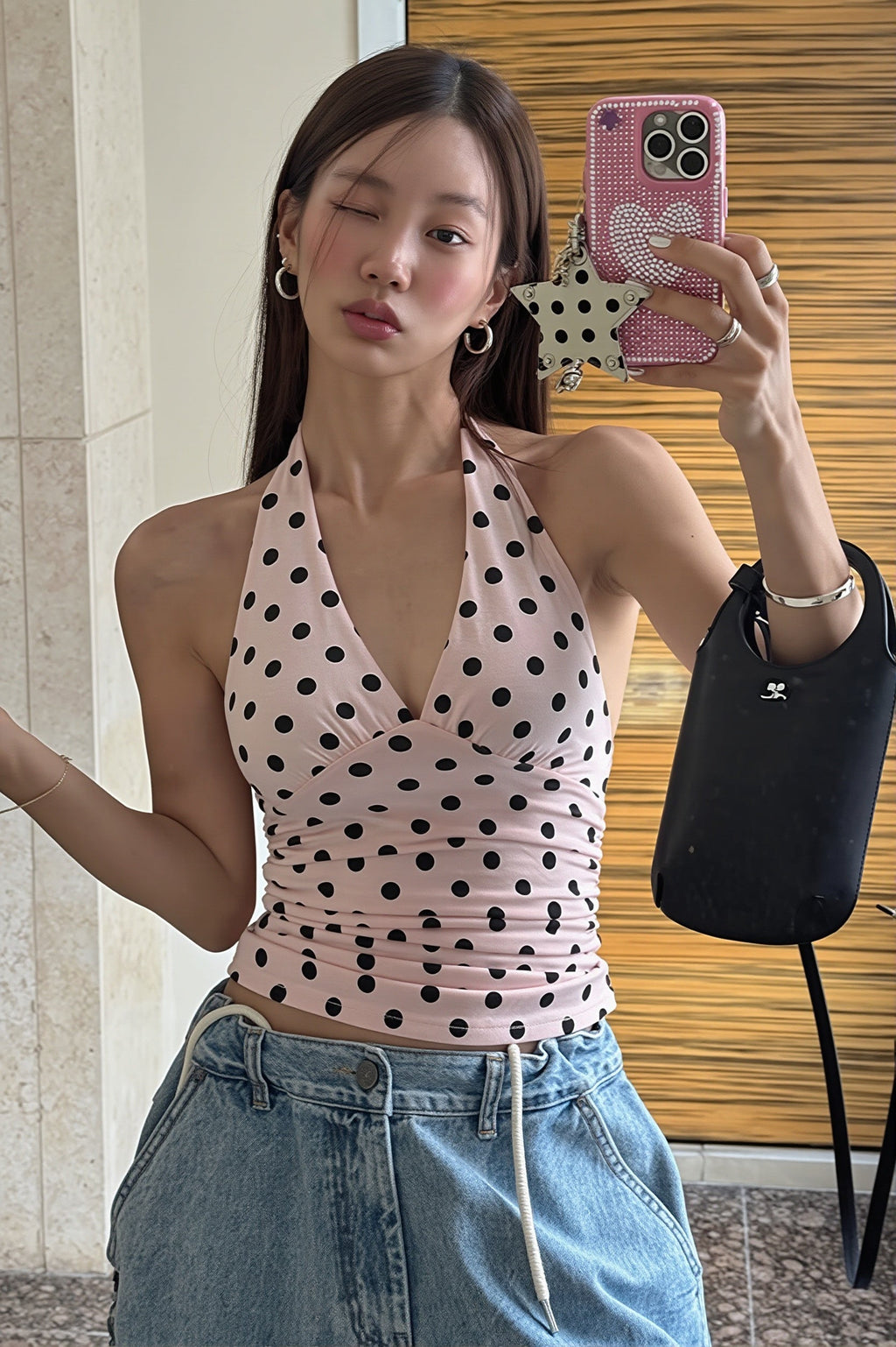 Polka Dot Backless Halter Bodycon Layering Top