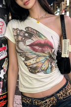 Butterfly Lips Print Off‑Shoulder T‑Shirt