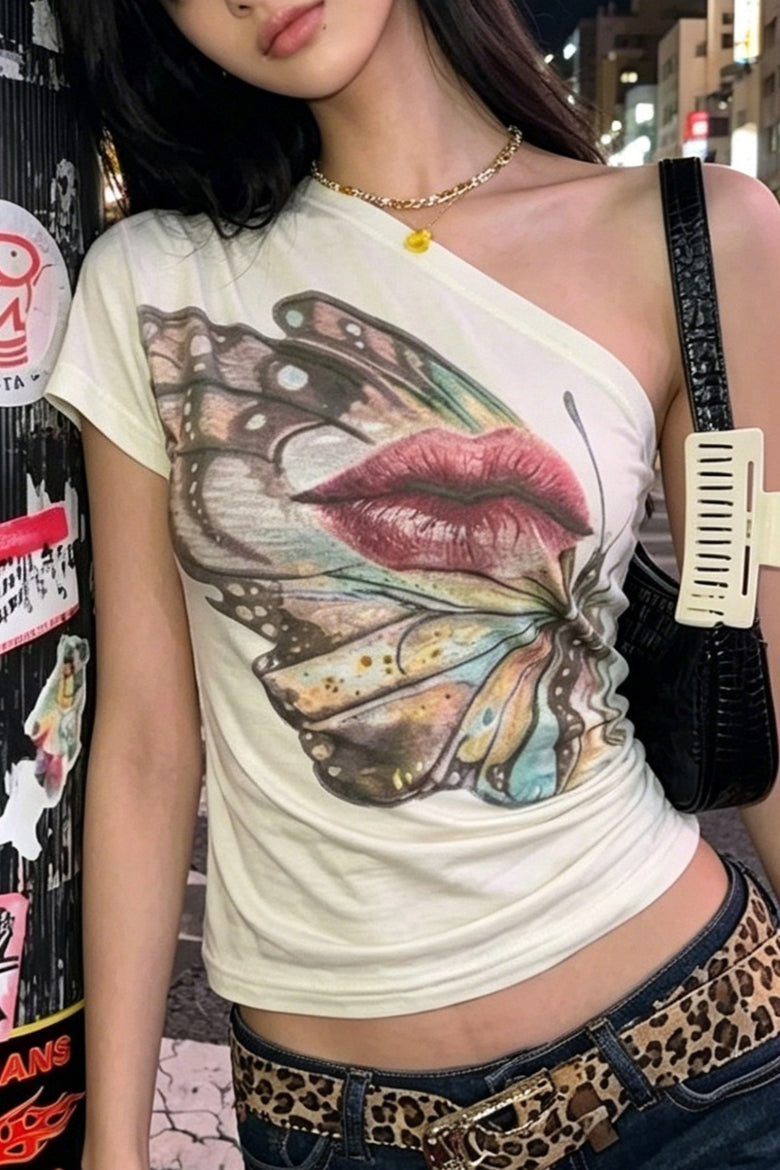 Butterfly Lips Print Off‑Shoulder T‑Shirt