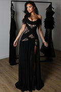 Lace Patchwork Cutout Sheer Slit Maxi Dress