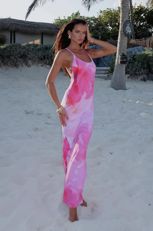 Cross-Back Floral Print Strappy Bodycon Maxi Dress