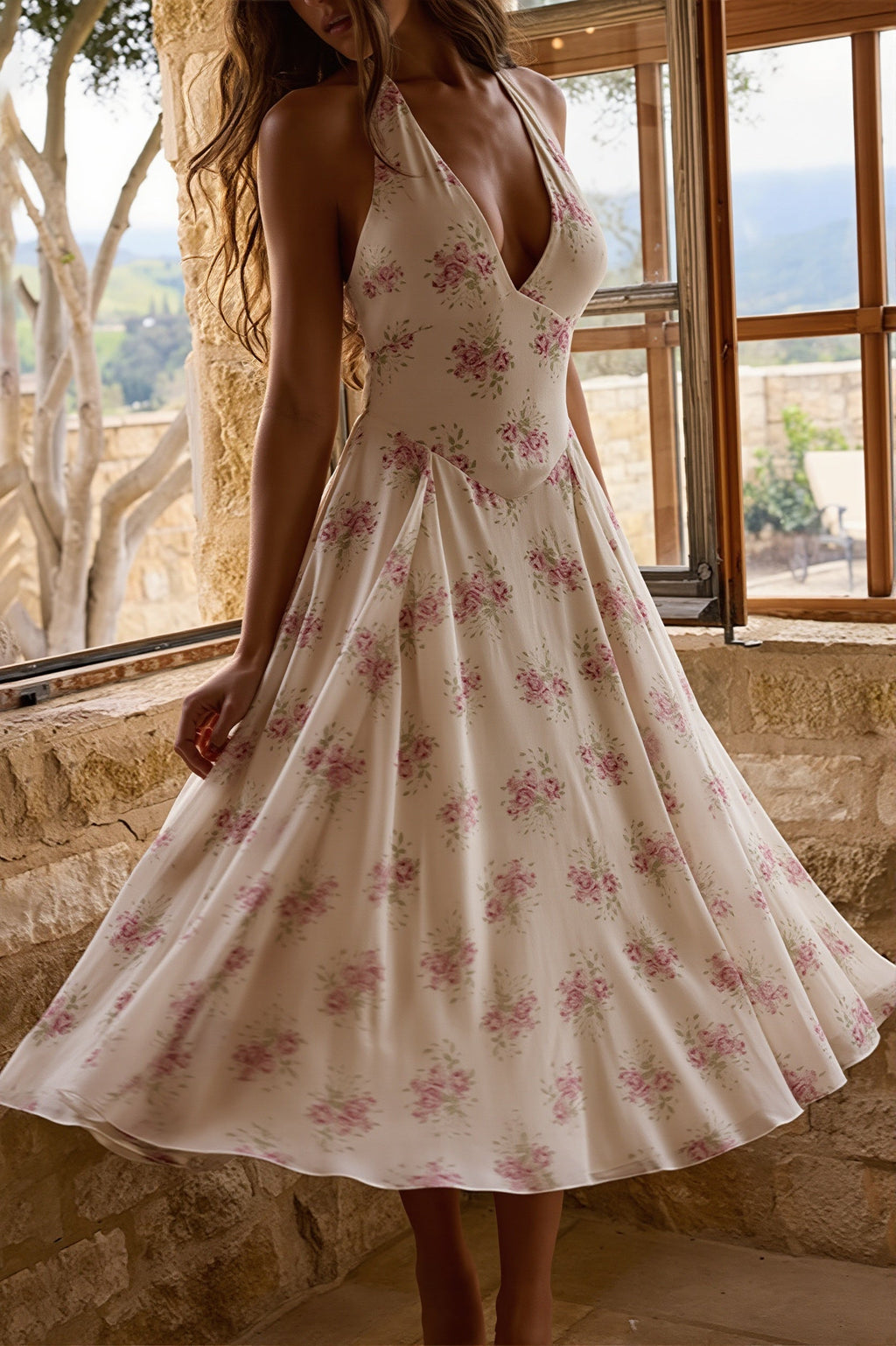 Print Halter Neck V Sheer Mesh Backless Midi Dress