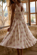 Print Halter Neck V Sheer Mesh Backless Midi Dress