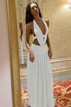 Lace Trim Halter Neck Open Back A Line Maxi Dress
