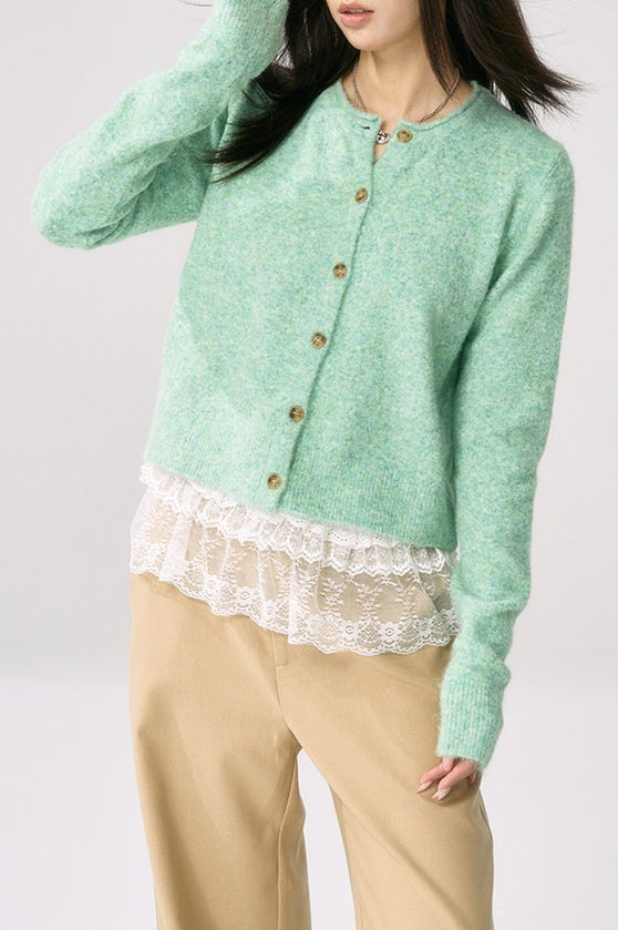 Green Knit Cuffed Solid Cardigan