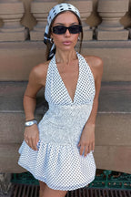 Polka Dot Halter Open Back Lace Up Cinched Mini Dress