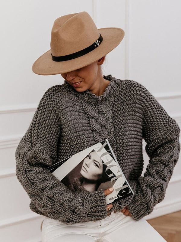 Casual Solid Color V-Neck Cable Knit Sweater