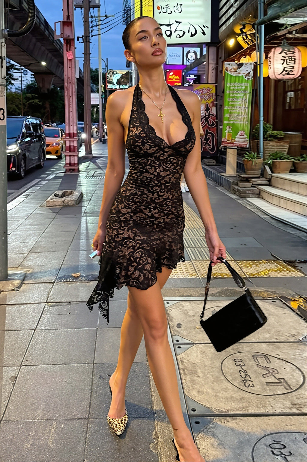 Lace Deep V Halter Open Back Ribbon Tie Mini Dress