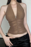 V Neck Halter Mesh Ruched Tank Top