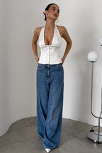 Solid Button Down Deep V Halter Top