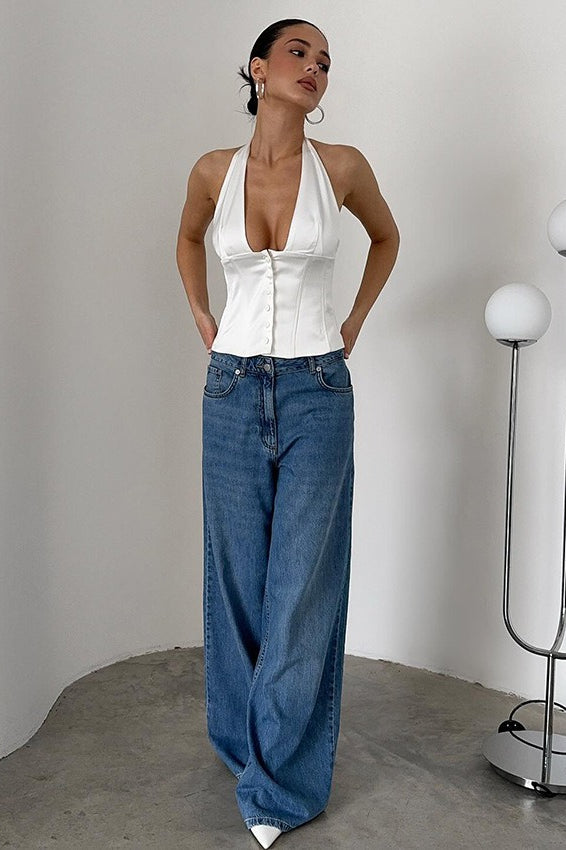 Solid Button Down Deep V Halter Top