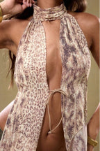 Stand Collar Halter Backless Leopard Top