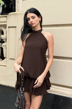 Vintage Solid Pleated Halter Mini Dress