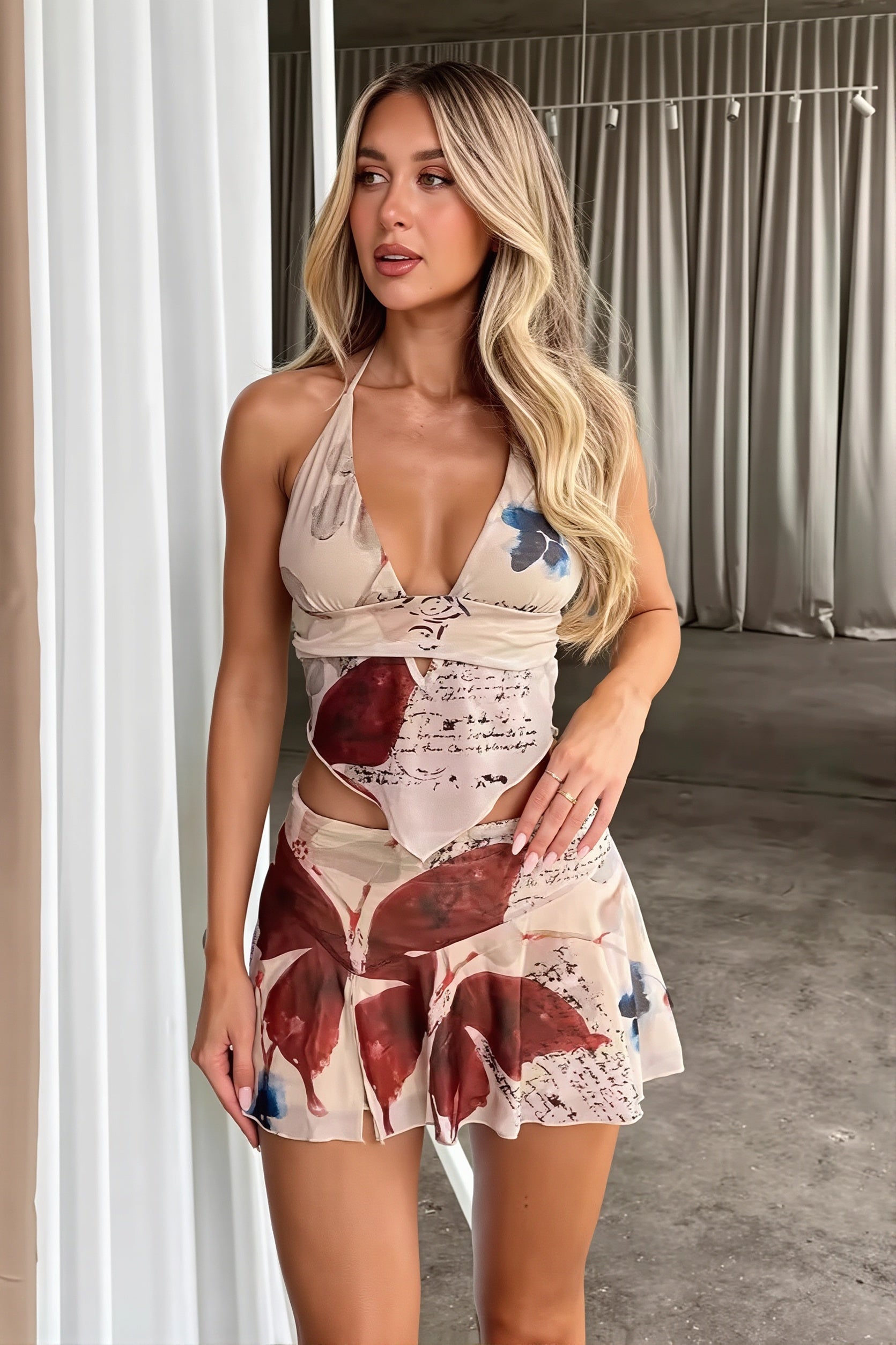 Sheer Halter Neck Crop Top High Rise Skirt Sets