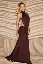 Halter Ruched Open Back Elegant Gown Maxi Dress